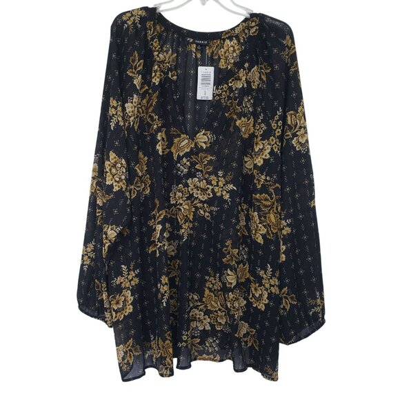 NEW Torrid Black Gold Floral Sheer Blouse Office Work Boho Long Sleeve Top - Picture 3 of 11